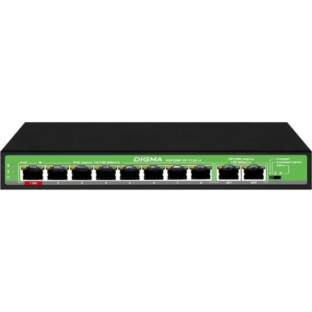 DSP208F-2F-T120 DSP208F-2F-T120 V1 (L2) 10х100Мбит/с 8PoE 8PoE+ 120W. Коммутатор с питанием по PoE. Digma
