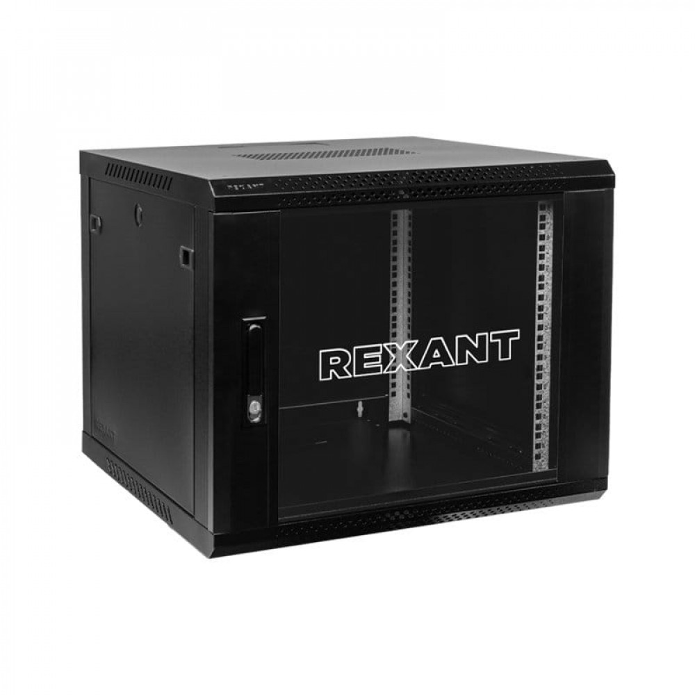 Настенный шкаф 19 12U 600х600х635, дверь сплошное стекло, черный, RAL 9005 REXANT (04-1266-112). Шкаф телекоммуникационный 19 настенный 12U. Rexant