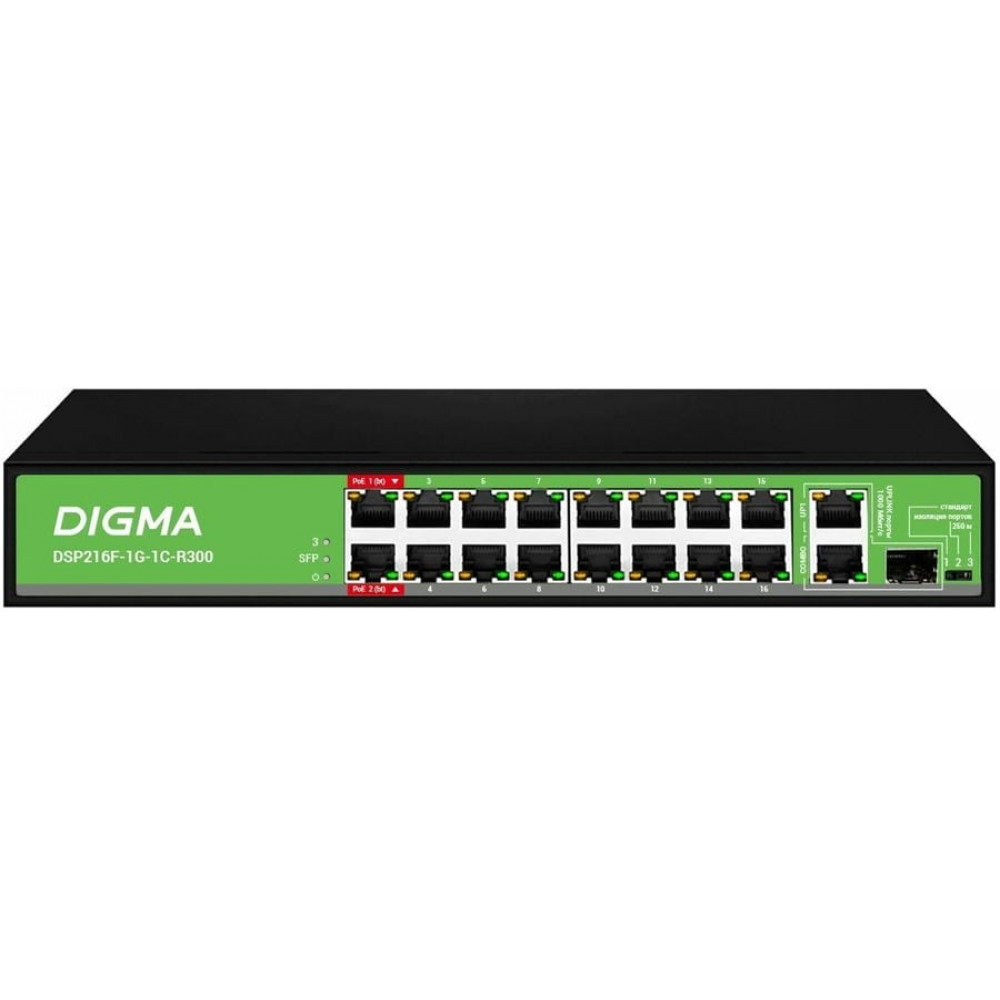 DSP216F-1G-1C-R300 (L2) 16х100Мбит/с 1х1Гбит/с 1хКомбо(1000BASE-T/SFP) 16PoE 16PoE+ 2PoE++ 300W. Коммутатор с питанием по PoE. Digma