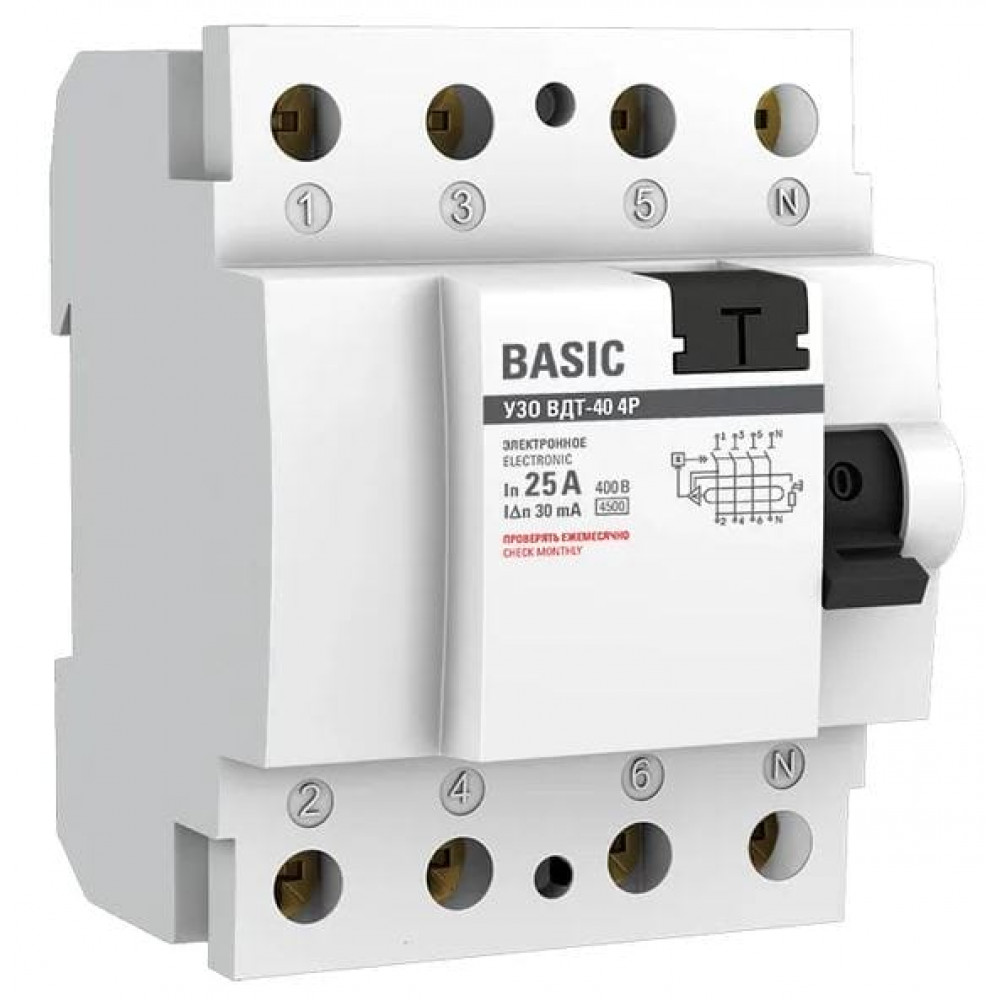 УЗО 4P 25А/30мА Basic (elcb-4-25-30e-sim). Выключатель дифференциального тока (УЗО). EKF