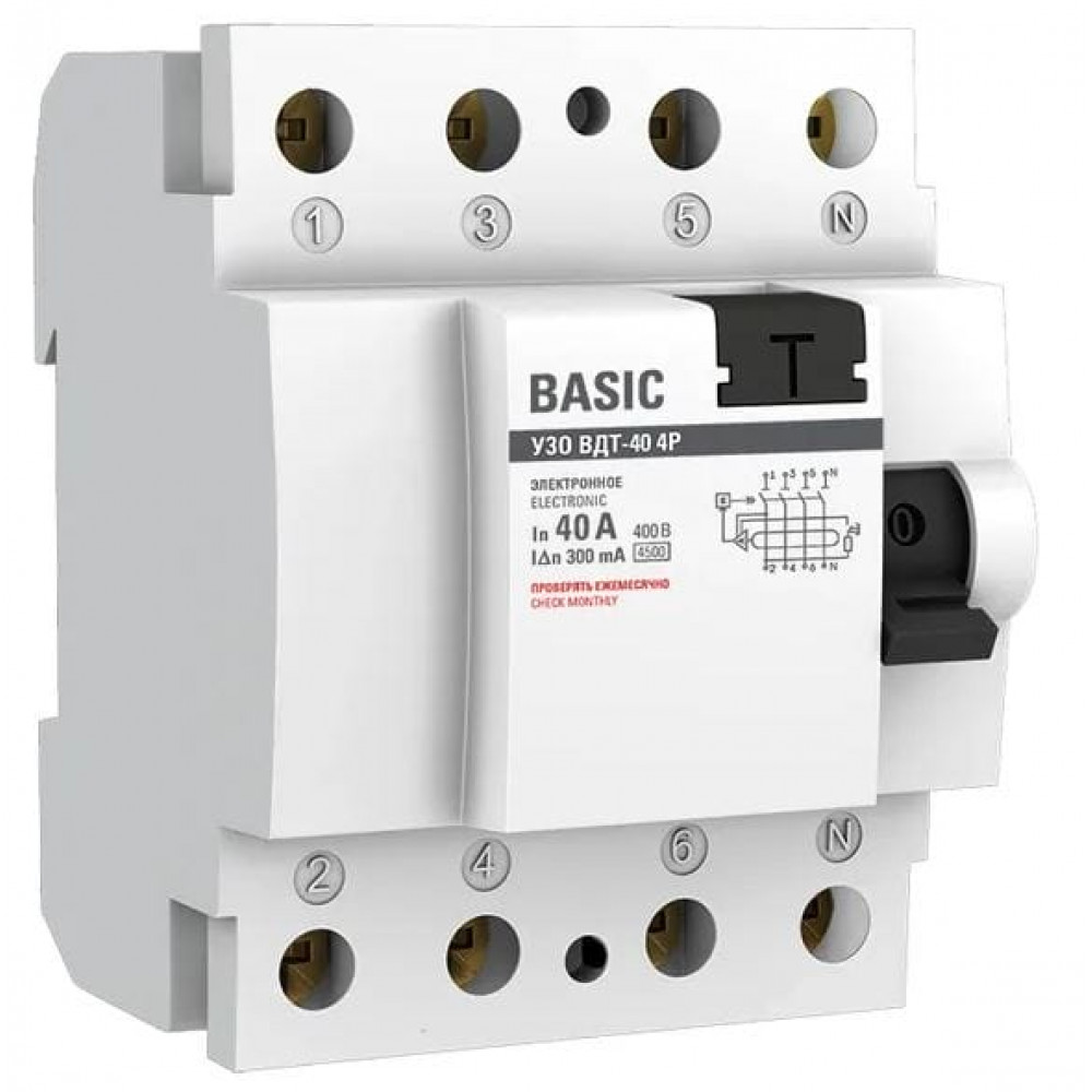 УЗО ВДТ-40 4P 40А/300мА Basic (elcb-4-40-300e-sim). Выключатель дифференциального тока (УЗО). EKF