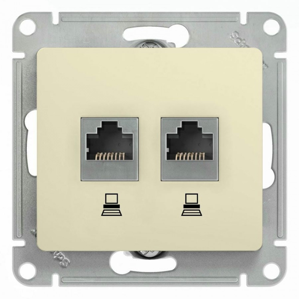 Glossa розетка RJ45+RJ45 2-местная, кат. 5Е, скрытой установки, механизм, бежевый (GSL000285KK). Розетка компьютерная. Systeme Electric