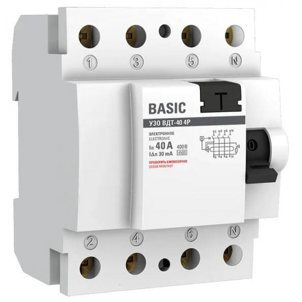 УЗО ВДТ-40 4P 40А/30мА Basic (elcb-4-40-30e-sim). Выключатель дифференциального тока (УЗО). EKF