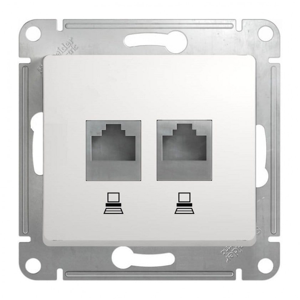 Glossa розетка RJ45+RJ45 2-местная, кат. 5Е, скрытой установки, механизм, белый (GSL000185KK). Розетка компьютерная. Systeme Electric
