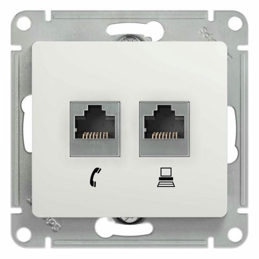 Glossa розетка RJ11+RJ45, 2-местная, кат. 5Е, скрытой установки, механизм, белый (GSL000185). Розетка компьютерная + телефонная. Systeme Electric