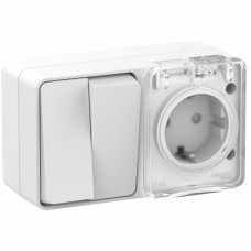AtlasDesign PROFI54 блок комбинированный (розетка с заземлением со шторками + 2-клавишный выключатель), открытой установки, белый (ATN540174). Блок розеточный комбинированный. Systeme Electric