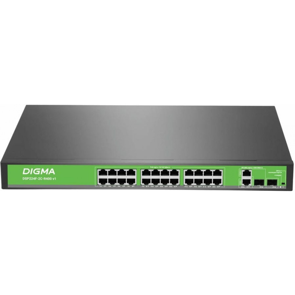 DSP224F-2C-R400 DSP224F-2C-R400 V1 (L2) 24х100Мбит/с 2хКомбо(1000BASE-T/SFP) 24PoE 24PoE+ 400W. Коммутатор с питанием по PoE. Digma
