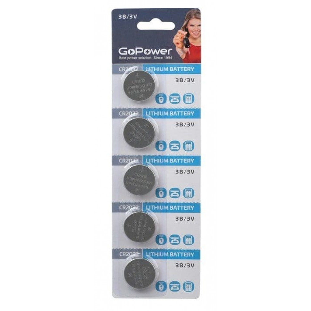 CR2032 GoPower, упак. 5 шт., БЛИСТЕР. Литиевый элемент питания. GoPower